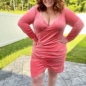 Plus size long sleeve velvet body con dress with ruching